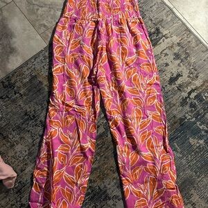 Vibrant Pink and Orange Leaf Print Pants
